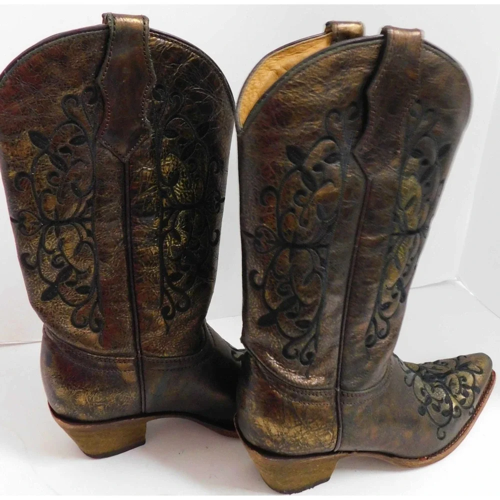 Corral Teens Metallic Bronze Embroidered Western Cowboy Boots Size‎ 2.5